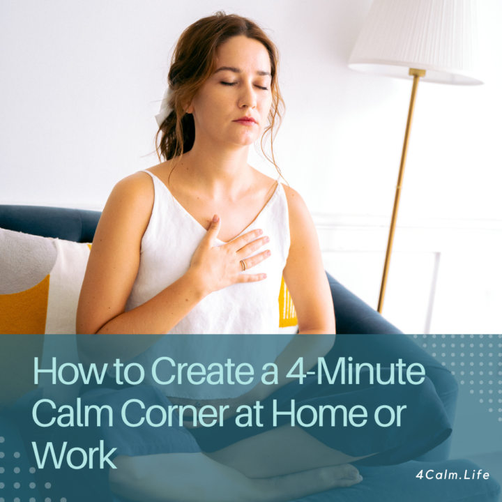 A small calm corner with soft light, plant, and calming essentials including 4Calm